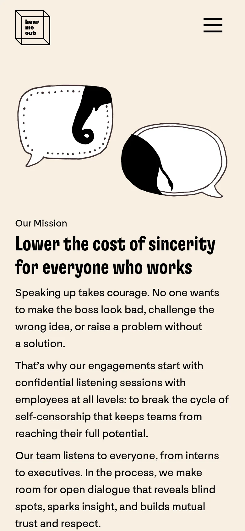 The mobile version uses a simplified layout with a hamburger menu icon at the top right and a centered logo. The speech bubble illustration is stacked above the 'Our Mission' headline and body text, which spans the full width of the screen.