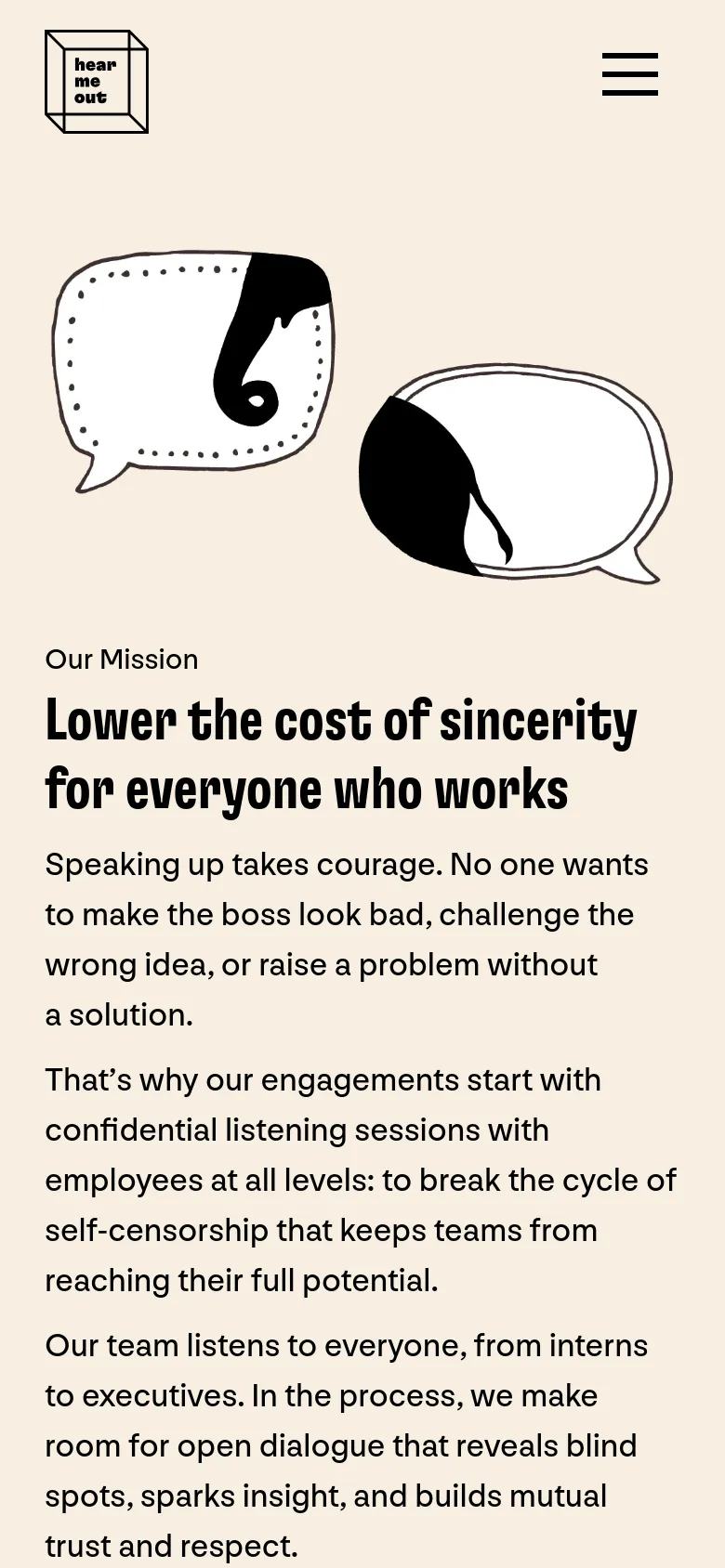 The mobile version uses a simplified layout with a hamburger menu icon at the top right and a centered logo. The speech bubble illustration is stacked above the 'Our Mission' headline and body text, which spans the full width of the screen.