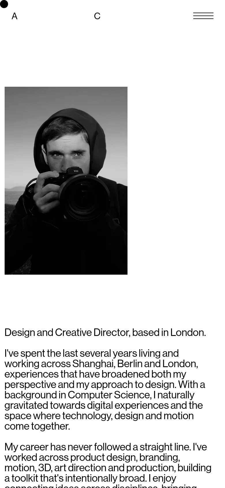 The mobile version uses a single-column layout with the black and white portrait centered at the top. The biographical text follows below the image, and the navigation menu is condensed into a hamburger icon at the top right.