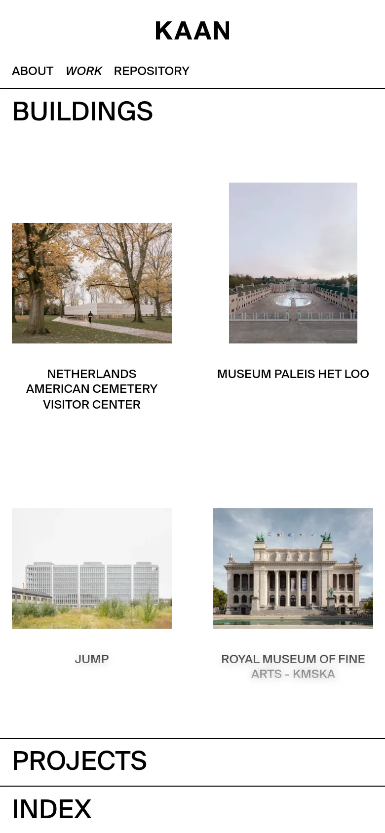 The mobile version maintains the minimalist aesthetic but transitions the project grid into a single-column layout for easier scrolling. The 'BUILDINGS' heading and project titles remain prominent, while the images are stacked vertically, showing one or two projects per screen width.