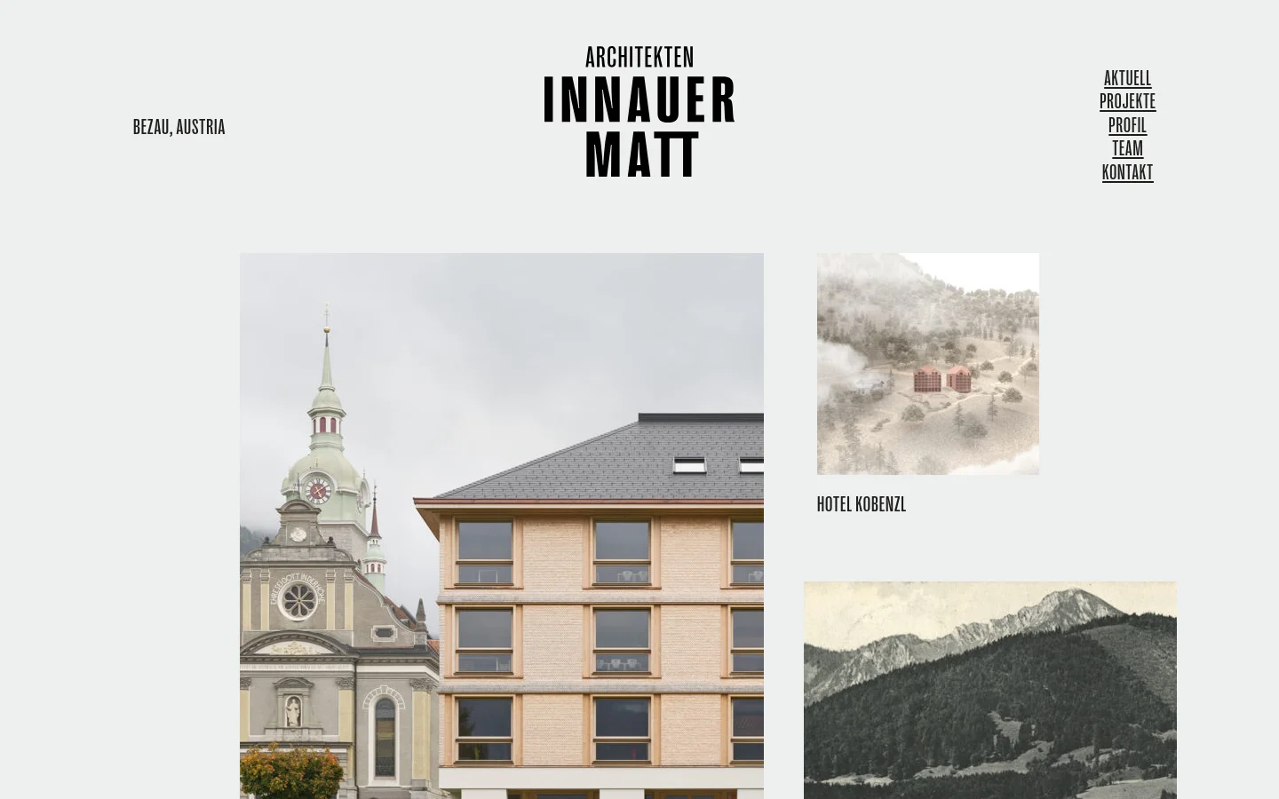 The desktop homepage for Innauer Matt architects features a minimalist light gray background with a large central logo and navigation links on the sides. A large hero image of a modern building next to a traditional church dominates the center, accompanied by a smaller project image for Hotel Kobenzl to the right.