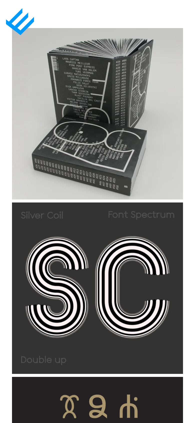 The mobile version transitions to a single-column vertical layout. The sidebar text moves to the top, followed by a large hero image of a black book, and then the project tiles are stacked vertically in a single column for easier scrolling.