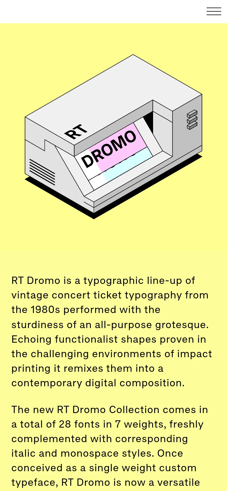 The mobile version simplifies the layout, replacing the horizontal top navigation with a hamburger menu icon in the top right. The hero section features a single, large isometric illustration of the 'RT DROMO' machine centered on a pale yellow background, followed by the descriptive text in a single column.