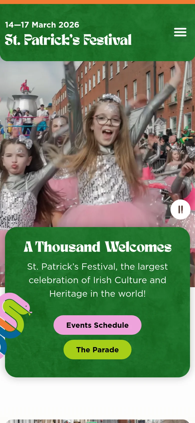 The mobile version presents a vertically stacked layout starting with a green header containing a hamburger menu and the festival title. The hero image shows people celebrating, overlaid with a green card containing the 'A Thousand Welcomes' headline and two large, rounded buttons for 'Events Schedule' and 'The Parade'. The design is simplified for vertical scrolling, focusing on high-contrast buttons and large text.