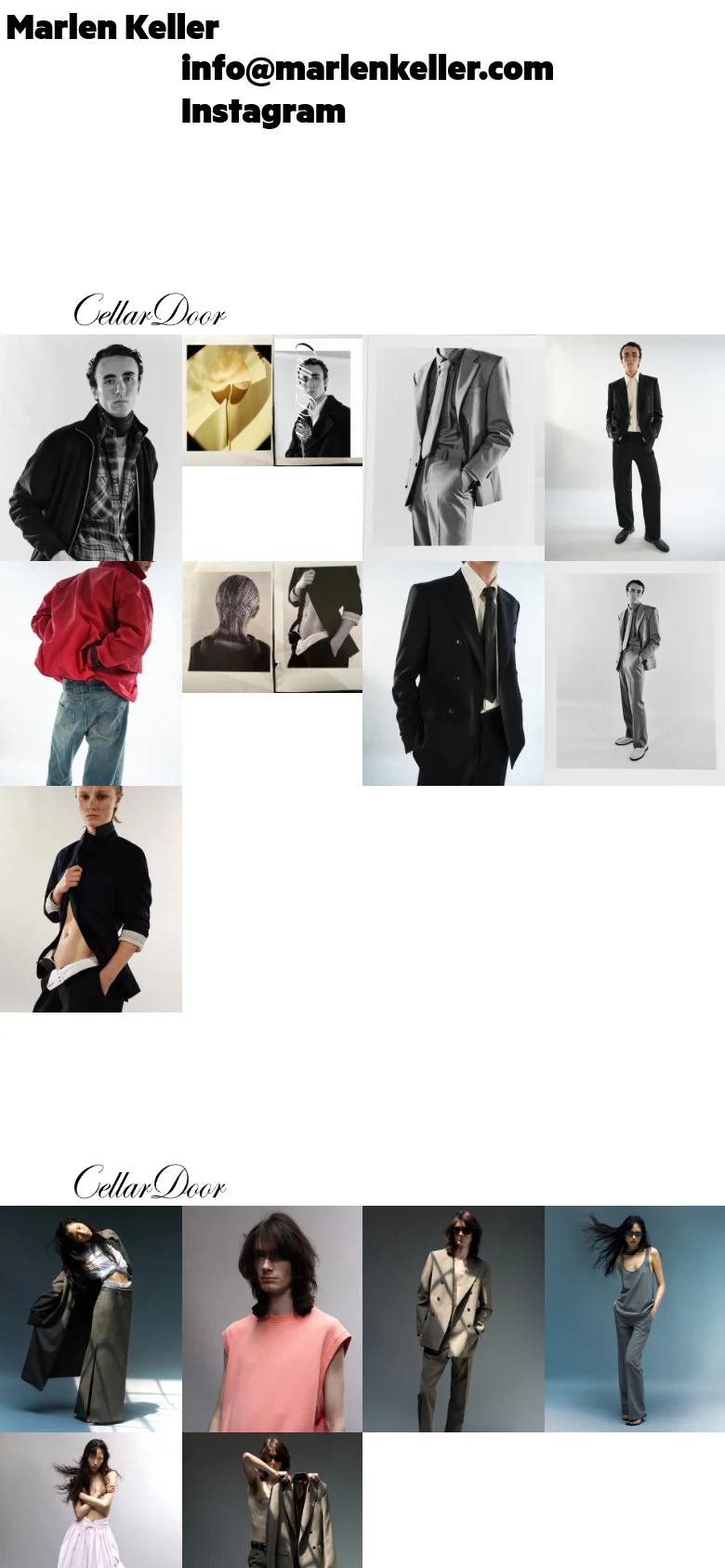 The mobile version presents a single-column vertical scroll of the same minimalist design. The header information is centered at the top, and the fashion imagery is stacked vertically, making each portrait larger and more prominent on the smaller screen.