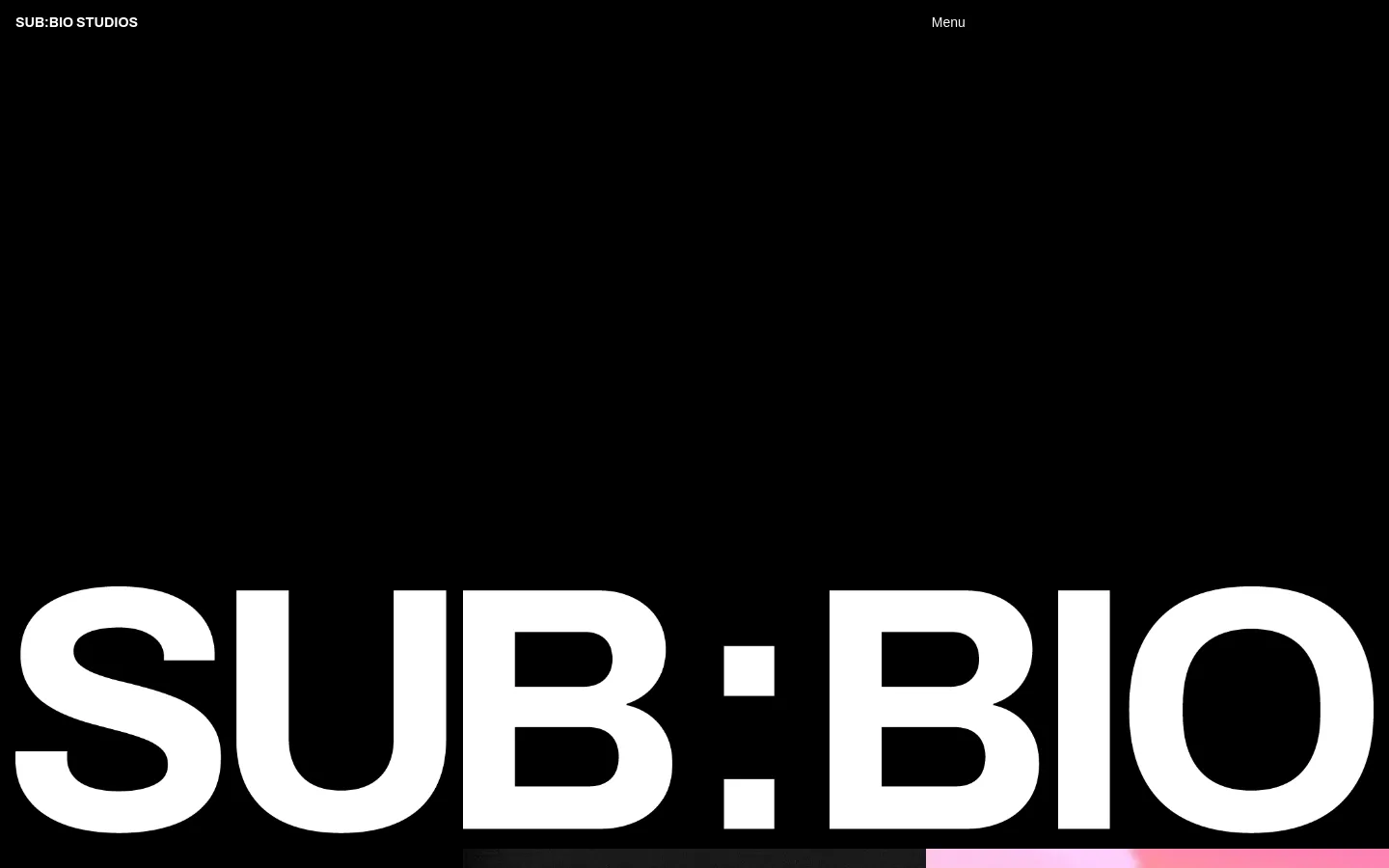 The desktop homepage features a minimalist black background with large, bold white typography reading 'SUB:BIO' centered at the bottom. A navigation menu with links to Work, About, and Contact is located at the top, alongside a 'Menu' button. The layout is spacious and high-contrast, emphasizing a clean, modern aesthetic.