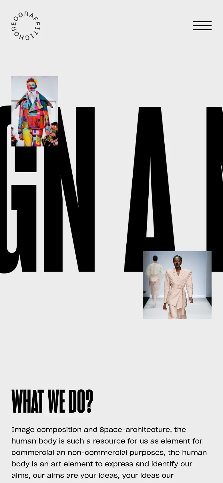 The mobile version simplifies the layout, centering the large bold headline and layering the fashion images more compactly. The top navigation is replaced by a black hamburger menu icon on the right, while the circular logo remains at the top left, and the text content flows vertically below the hero section.