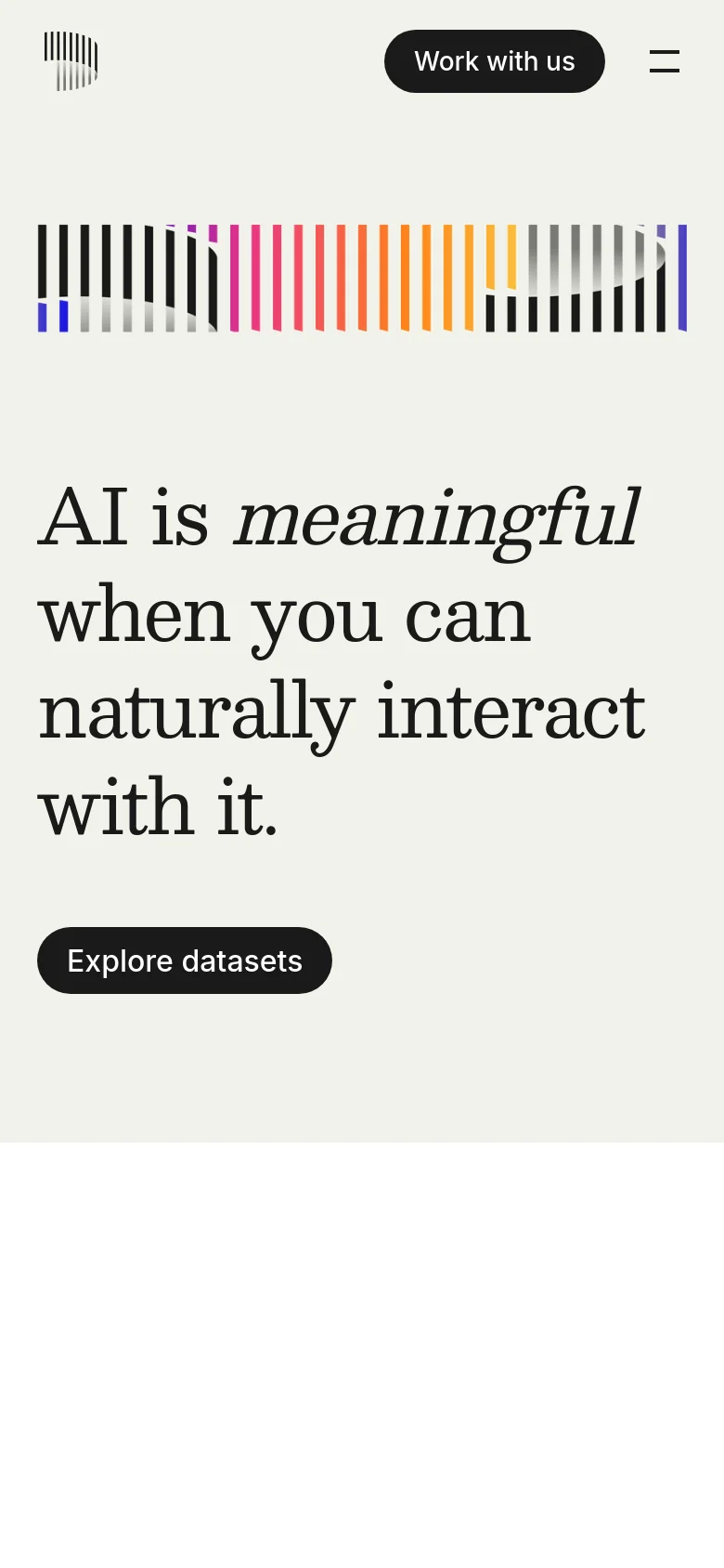 The mobile version presents a vertically stacked layout with the colorful audio bar graphic at the top. The main headline and 'Explore datasets' button are centered, and the navigation menu is replaced by a hamburger icon and a 'Work with us' button in the header.