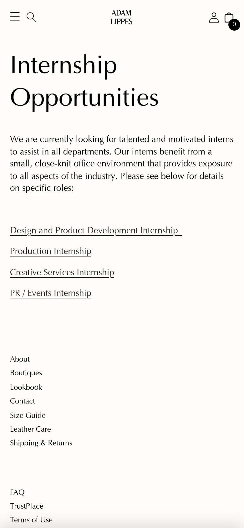 The mobile version presents a simplified, single-column layout with a hamburger menu and search icon at the top. The 'Internship Opportunities' headline and text links are stacked vertically for easy scrolling. The footer is condensed into a vertical list of links, maintaining the clean, high-contrast aesthetic of the desktop site.