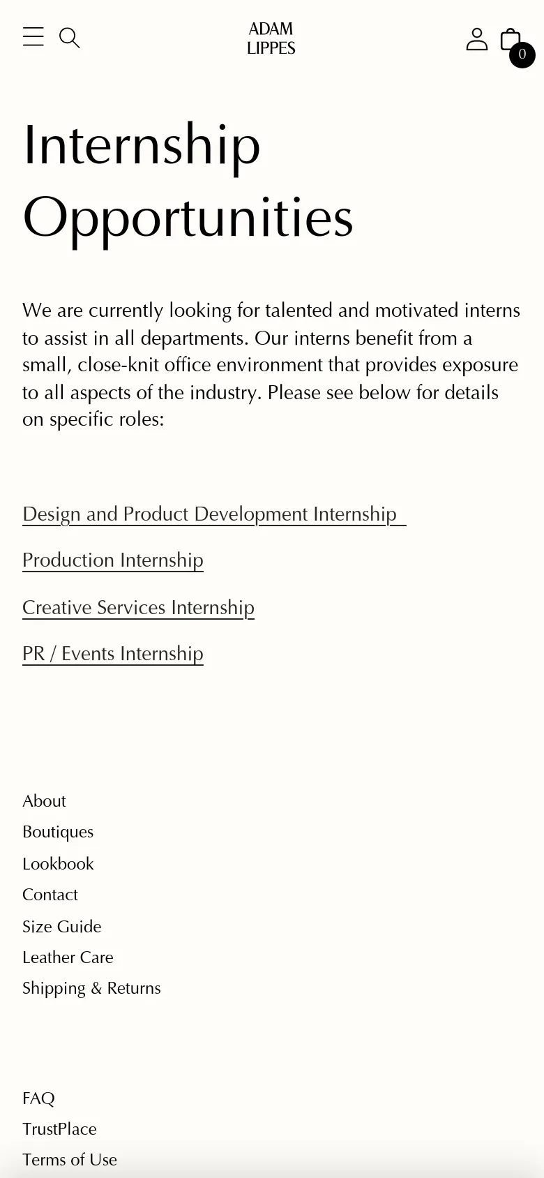 The mobile version presents a simplified, single-column layout with a hamburger menu and search icon at the top. The 'Internship Opportunities' headline and text links are stacked vertically for easy scrolling. The footer is condensed into a vertical list of links, maintaining the clean, high-contrast aesthetic of the desktop site.