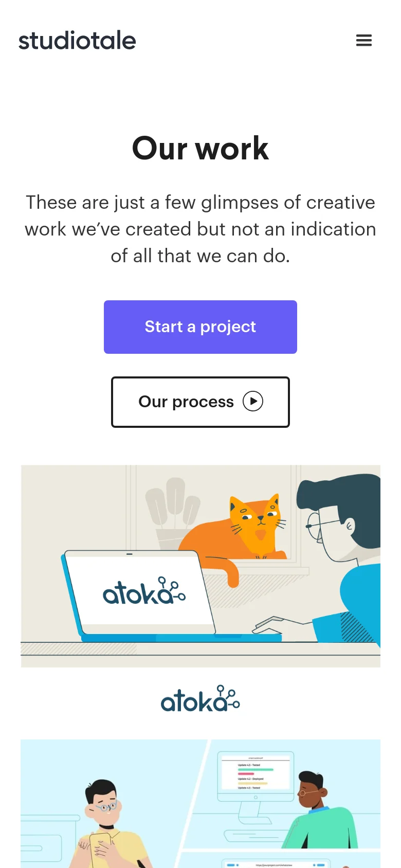 The mobile version simplifies the layout into a single-column view, centering the 'Our work' headline and subheadline. The 'Start a project' and 'Our process' buttons are stacked vertically, followed by a vertical scroll of large, full-width video portfolio thumbnails. A hamburger menu icon replaces the desktop navigation bar at the top right.