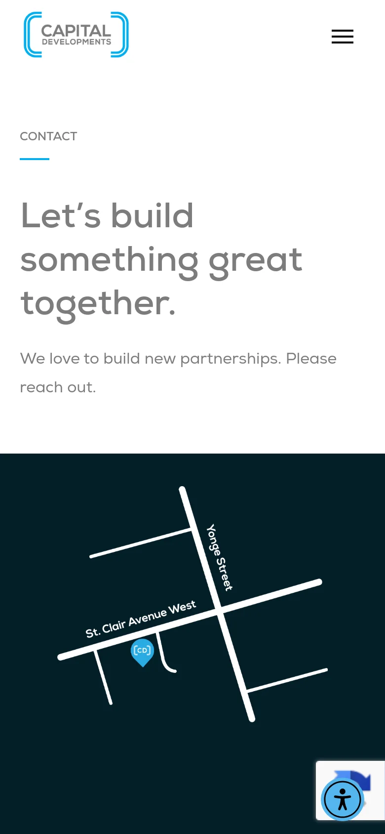 The mobile version presents a simplified layout with a centered logo and a hamburger menu icon. The headline and subtext are stacked vertically in a single column. The bottom section features the same dark navy background with the contact details and a large, simplified white line map of the local street intersection.