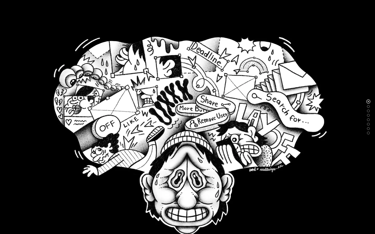 A desktop landing page with a black background featuring a large, black-and-white surreal illustration of a worried person's head surrounded by chaotic thought bubbles containing words like 'Deadline' and 'Search for...'. Below the hero image, the headline 'The State of UX in 2024' is displayed, followed by a large, stylized call to action that reads 'ENTER LATE-STAGE UX'.