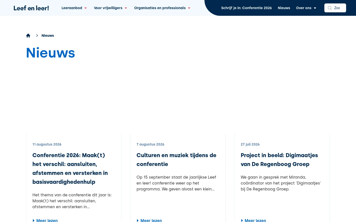 The desktop news page features a clean white background with a dark blue navigation bar at the top. A grid layout displays news articles, each containing a date, a bold headline, a short summary, and a 'Meer lezen' link. The primary content area shows several article cards with blue text accents.