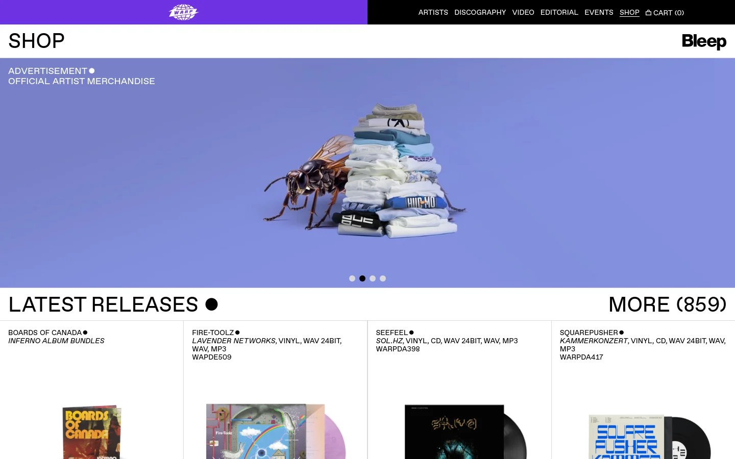 The desktop Shop page features a minimalist design with a white background and black text. A large hero banner displays folded white t-shirts with black logos against a lavender background, labeled as official artist merchandise. Below, a grid layout showcases 'Latest Releases' with large product images, artist names like Boards of Canada and Squarepusher, and 'Buy' buttons.