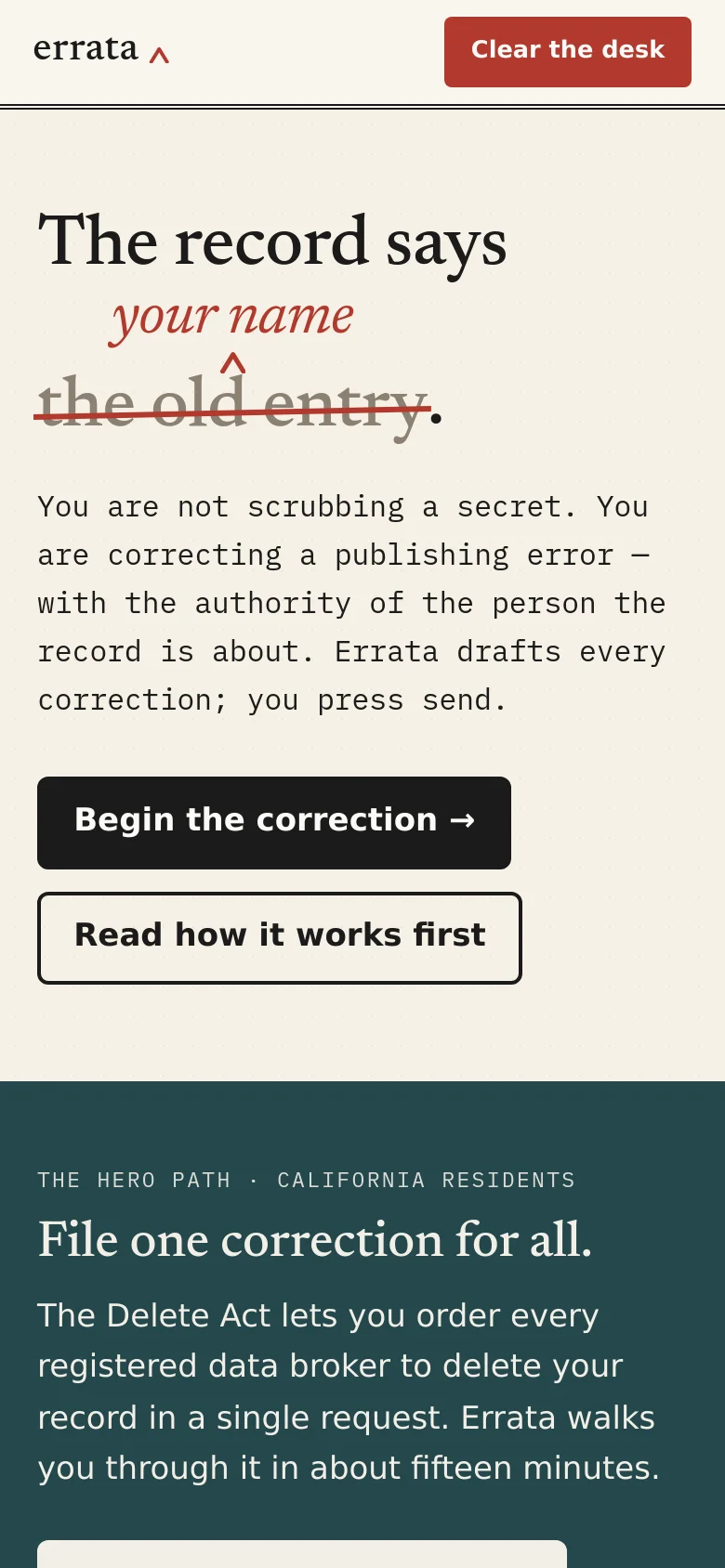 The mobile version maintains the cream and dark teal color scheme but uses a single-column stacked layout. The hero text and buttons are centered and scaled for smaller screens, and the top navigation bar features a prominent red 'Clear the desk' button next to the logo.