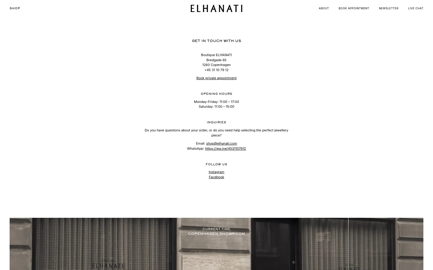 The desktop contact page features a minimalist white layout with centered black text. It displays the boutique address, opening hours, inquiry contact details, and social media links, followed by a large hero image showing a blurred view of the Copenhagen showroom with a real-time clock overlay.