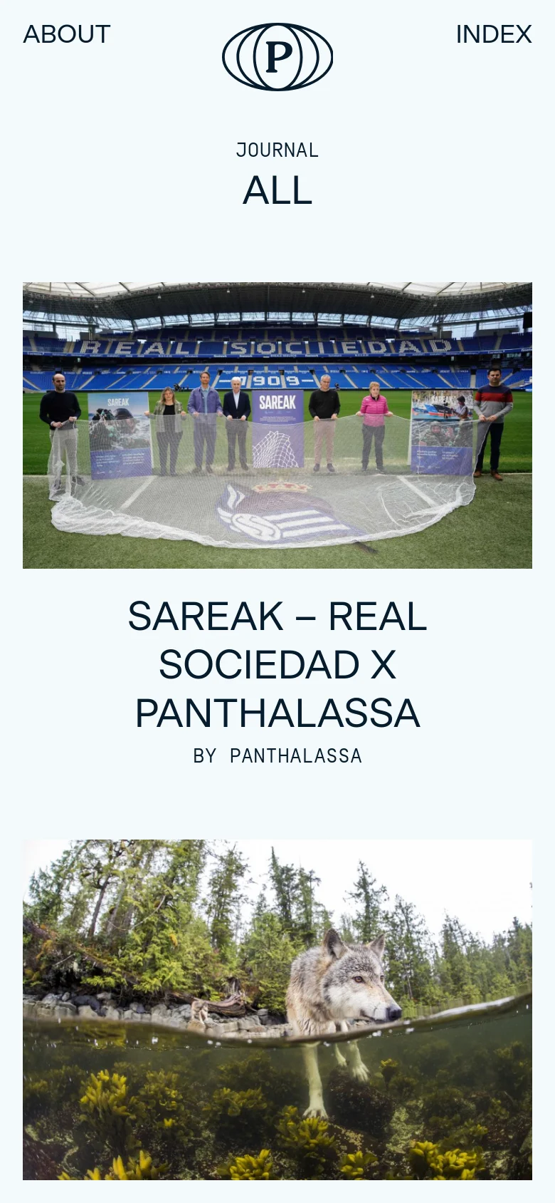 The mobile version maintains the minimalist white aesthetic and centered logo but transitions to a single-column vertical scroll. The large imagery and bold typography for each journal entry, like 'SAREAK – REAL SOCIEDAD X PANTHALASSA', are stacked vertically to fit the narrow screen width.