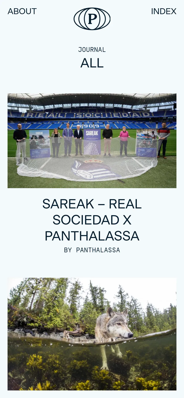 The mobile version maintains the minimalist white aesthetic and centered logo but transitions to a single-column vertical scroll. The large imagery and bold typography for each journal entry, like 'SAREAK – REAL SOCIEDAD X PANTHALASSA', are stacked vertically to fit the narrow screen width.