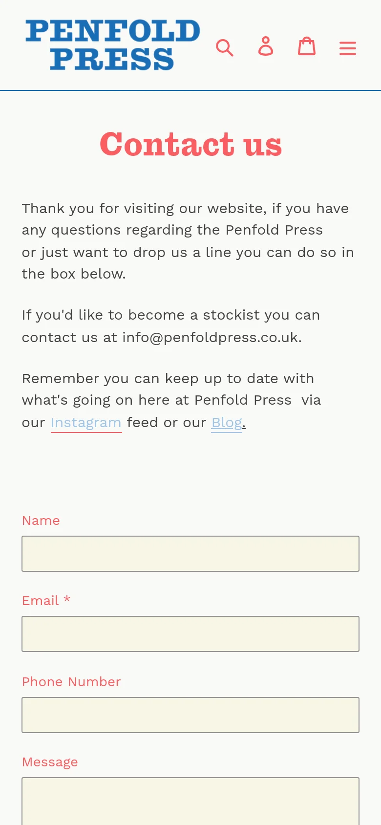 The mobile version displays a condensed header with the Penfold Press logo, a search icon, user icon, shopping bag, and a hamburger menu icon. The layout shifts to a single-column view, stacking the pink 'Contact us' headline, descriptive text, and the contact form fields vertically for easier scrolling.