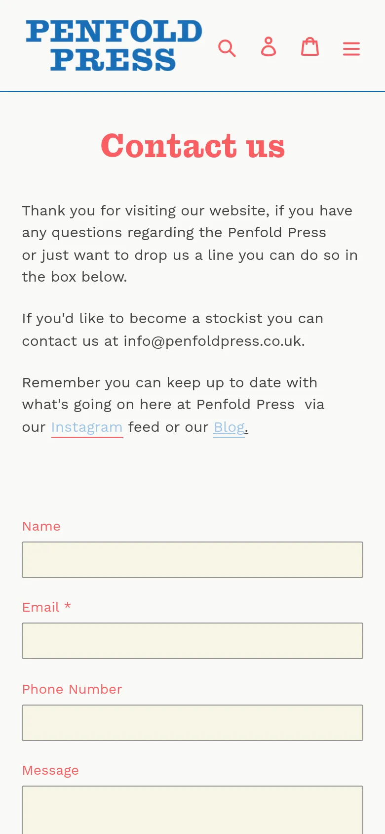 The mobile version displays a condensed header with the Penfold Press logo, a search icon, user icon, shopping bag, and a hamburger menu icon. The layout shifts to a single-column view, stacking the pink 'Contact us' headline, descriptive text, and the contact form fields vertically for easier scrolling.