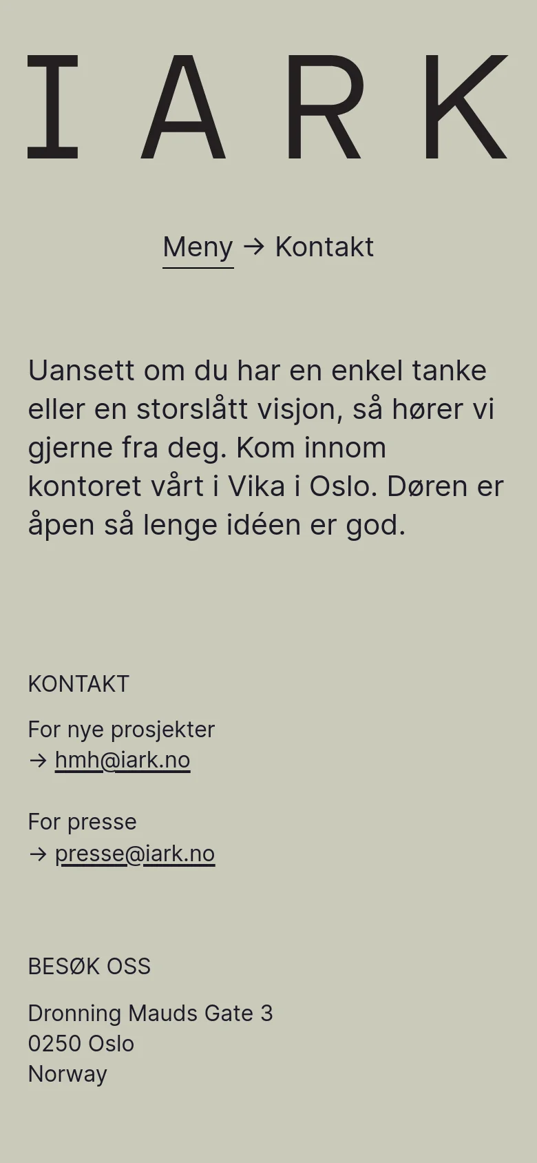 The mobile version maintains the minimalist beige aesthetic but uses a single-column vertical layout. The large 'IARK' logo and menu navigation are stacked at the top, followed by the introductory text, and then the contact, address, social, and job information sections arranged vertically.