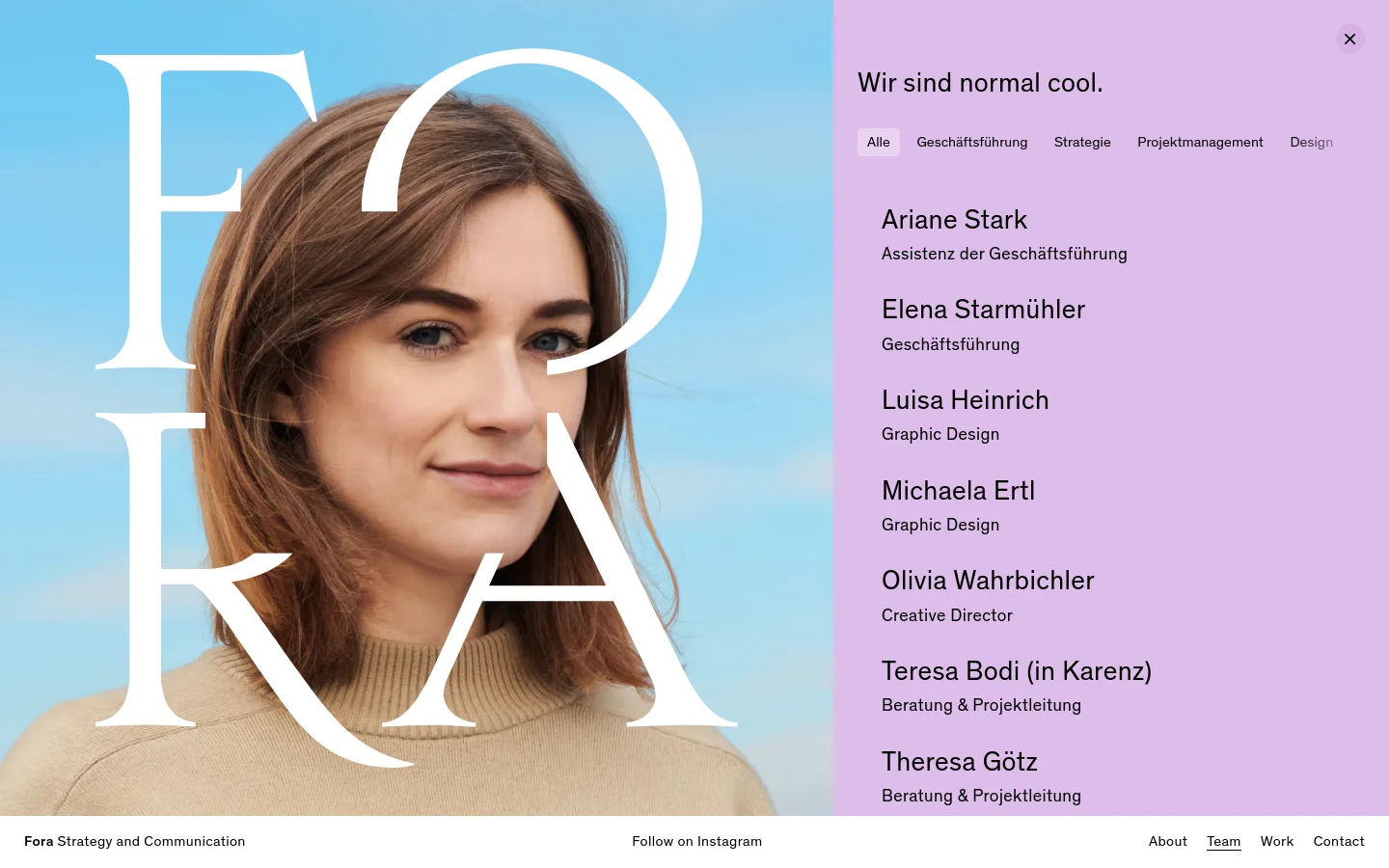 FORA team page featuring a large hero portrait of a woman overlaid with oversized white serif typography. The layout uses a soft lilac and sky blue palette with a clean list of team members including Ariane Stark and Elena Starmühler, organized by roles like Geschäftsführung and Design.