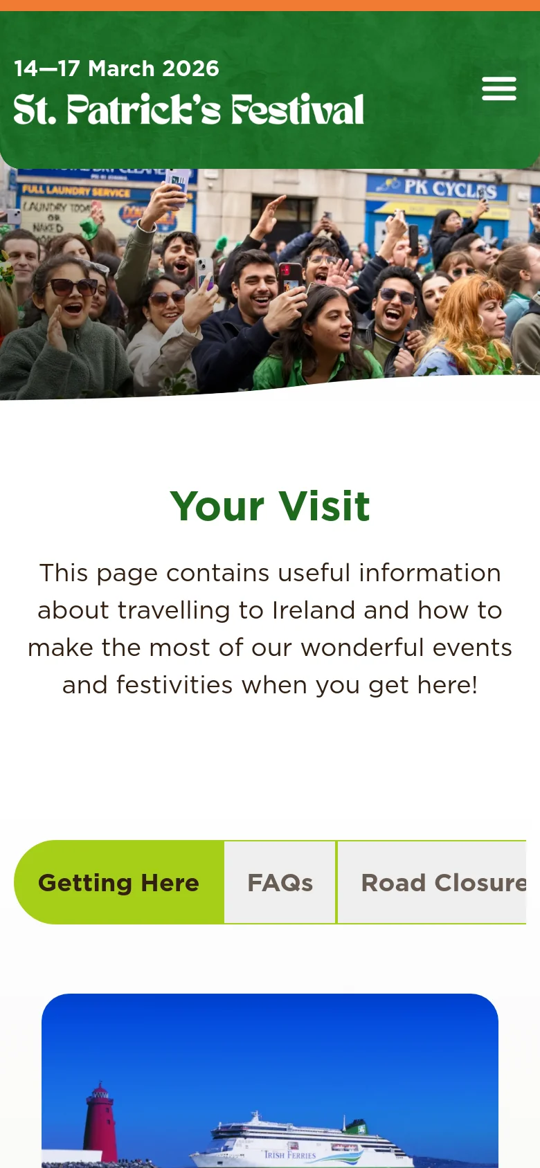 The mobile version presents a simplified layout with a condensed green header containing a hamburger menu and the festival logo. The hero image of the crowd remains prominent, followed by the 'Your Visit' heading and text, with the navigation buttons stacked vertically for easier tapping.