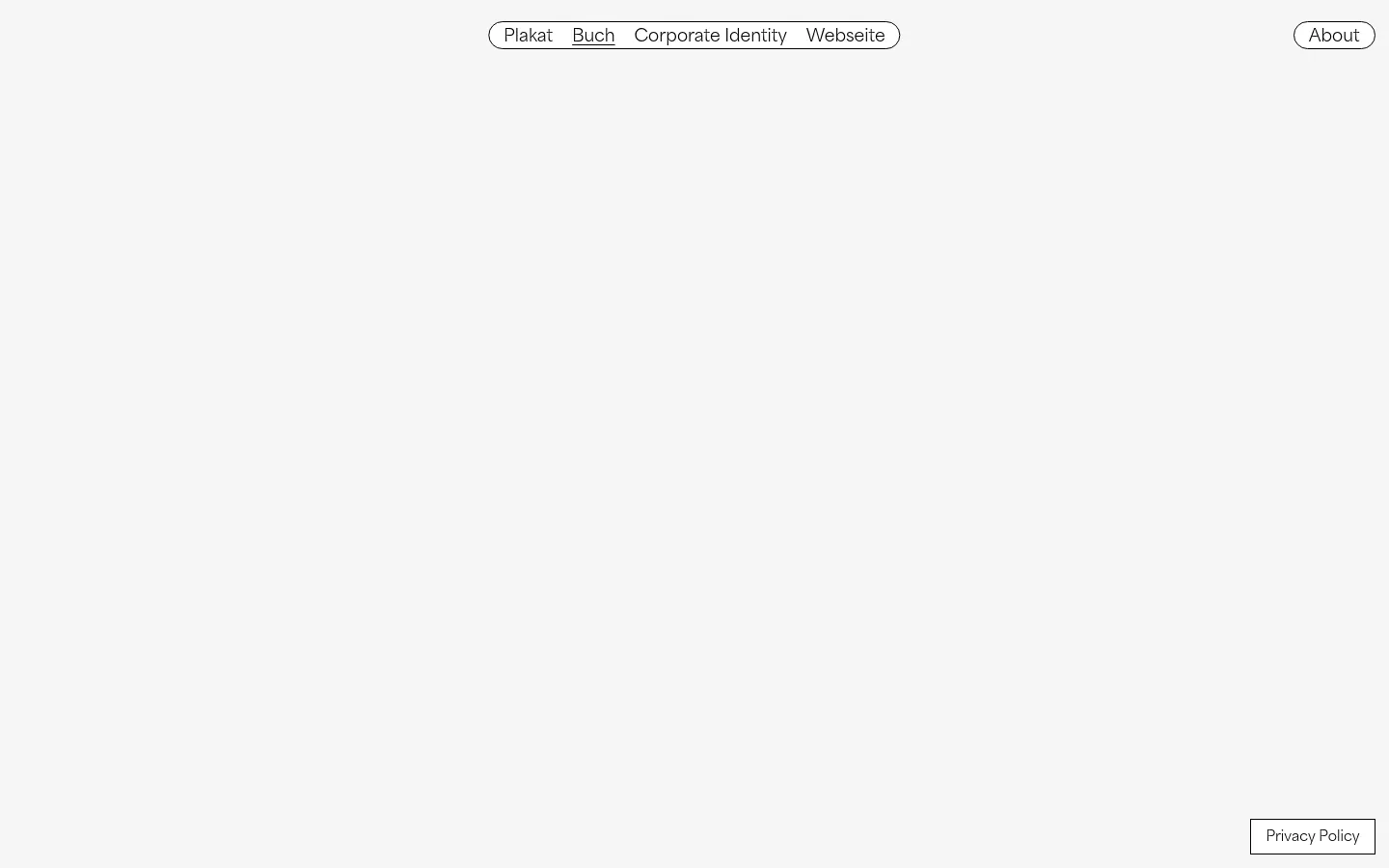 The desktop website for Levin Stadler features a minimalist white layout with a top navigation bar containing links for Plakat, Buch, Corporate Identity, Webseite, and About. The main content area displays a vertical list of book design projects, each consisting of a large rectangular image followed by a descriptive text block and a pagination indicator. The design is clean and uses black sans-serif typography.