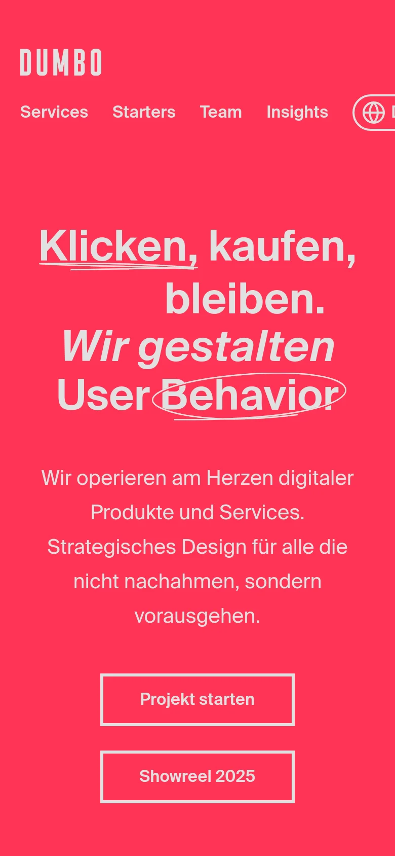 The mobile version maintains the bright red background and white text but utilizes a vertical layout. The large hero headline is stacked to fit the narrow screen, and the navigation menu is condensed, with the primary call-to-action buttons appearing stacked vertically below the subheadline.