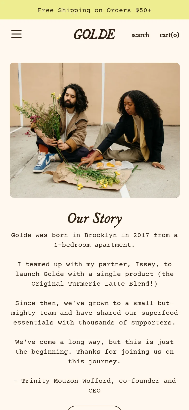 The mobile version uses a single-column vertical layout, starting with a hamburger menu and the Golde logo at the top. The hero image of the founders is centered above the 'Our Story' text, which is stacked vertically. Product cards in the 'Founders' Favorites' section are also stacked or scaled for a smaller screen width.