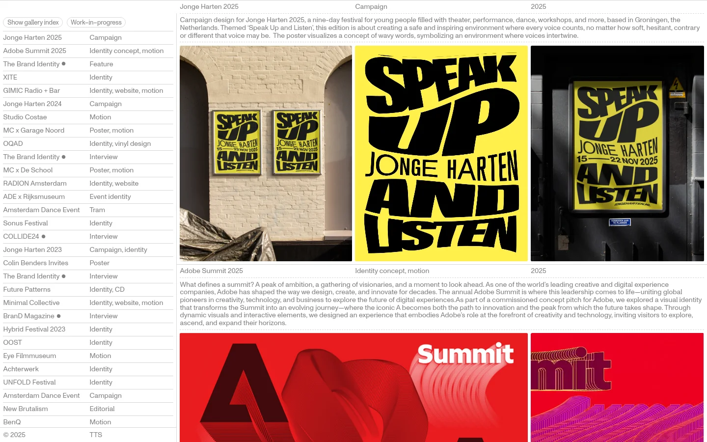 Tim Tijink homepage featuring a minimalist portfolio layout with a large-scale image slider. The design uses a stark black and white palette with bold sans-serif typography, showcasing graphic design projects like Jonge Harten 2025 through full-bleed imagery and a vertical text-based navigation menu on the left.