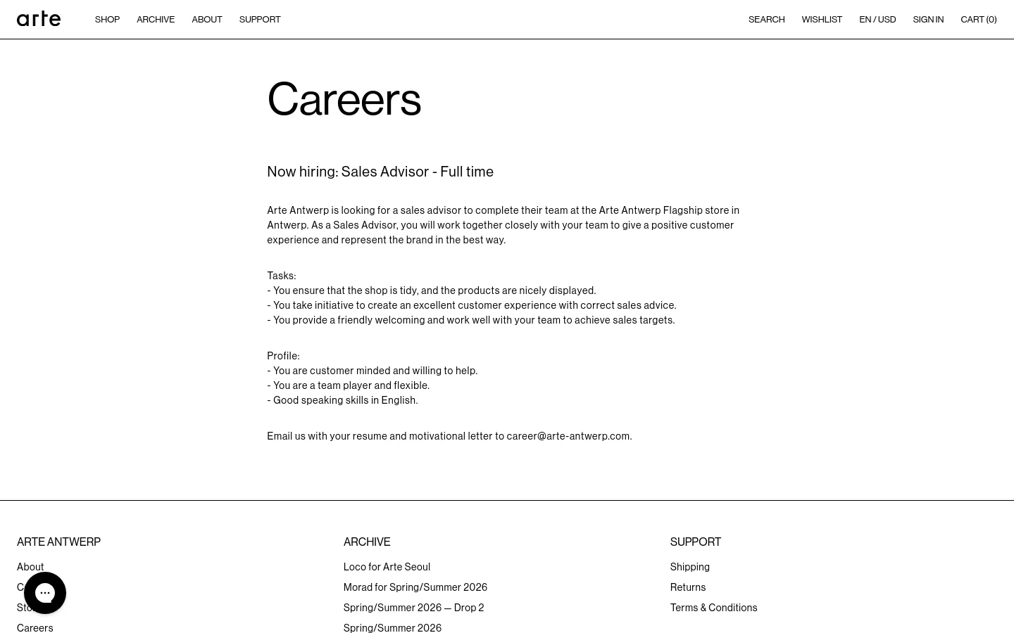 The desktop Careers page features a minimalist design with a white background and black text. A large 'Careers' heading is followed by a job posting for a full-time Sales Advisor, detailing tasks, profile requirements, and contact information via email. The layout includes a top navigation bar with links for Shop, Archive, About, and Support, and a footer with site links.