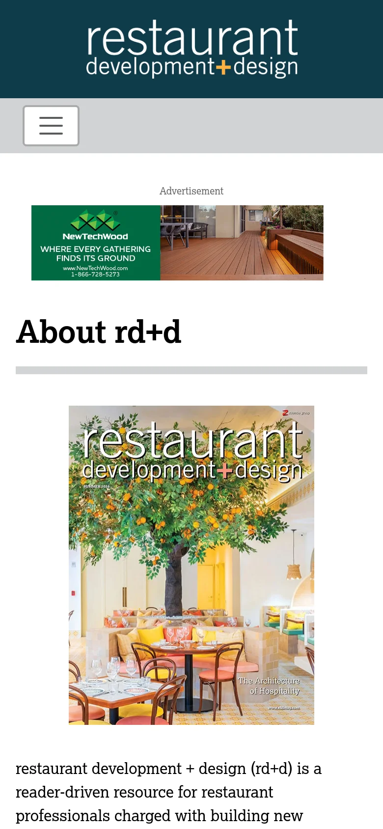 The mobile version presents a simplified, single-column layout with a hamburger menu icon in a light gray header. The NewTechWood advertisement is stacked above the 'About rd+d' heading, followed by the large magazine cover image and the descriptive text below it.
