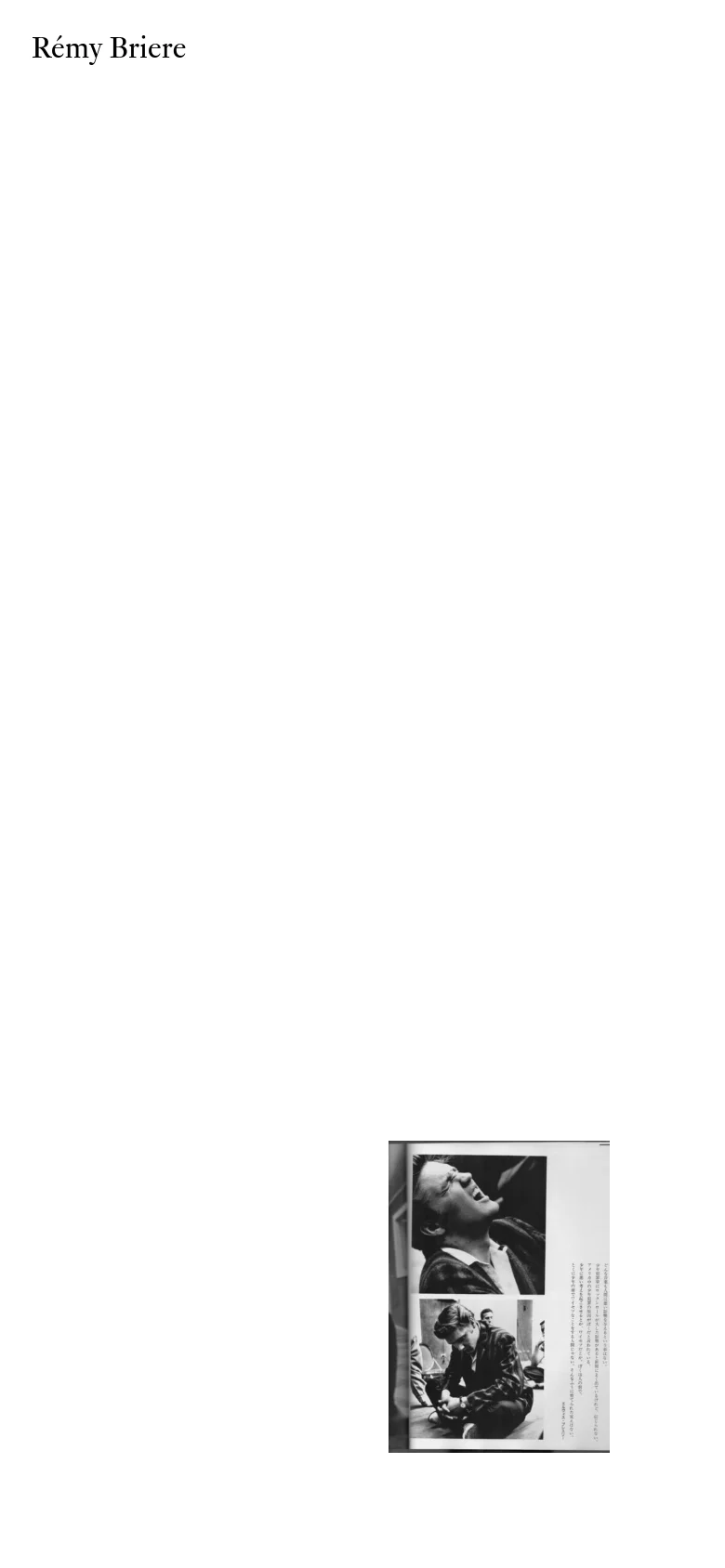 The mobile version maintains the minimalist aesthetic with a white background and black text, but the layout shifts to a single-column vertical stack. The central black and white photograph remains prominent, while the project links are presented in a simplified list format optimized for vertical scrolling.
