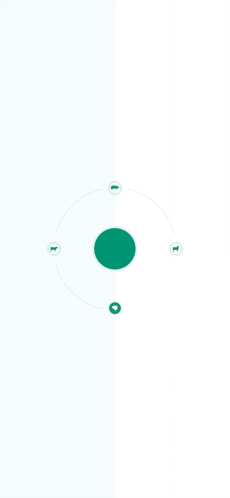 The mobile version simplifies the layout into a vertical stack. The interactive animal diagram is centered at the top, followed by a single large teal circular element, with the navigation menu condensed for a smaller screen width.