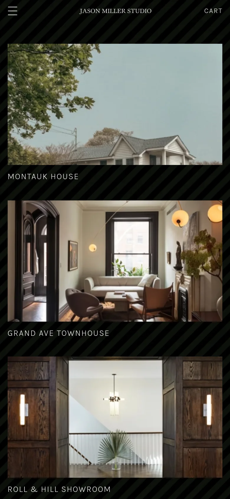 The mobile version simplifies the layout into a single-column vertical scroll of large images. The header is condensed with a hamburger menu icon on the left, the studio name in the center, and a 'Cart' link on the right.