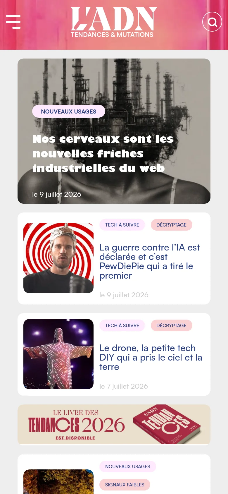 The mobile version presents a simplified vertical layout with a hamburger menu and search icon in a pink header. Articles are stacked vertically, featuring large full-width images, category tags, bold headlines, and publication dates, followed by a promotional banner for the 2026 trends book.