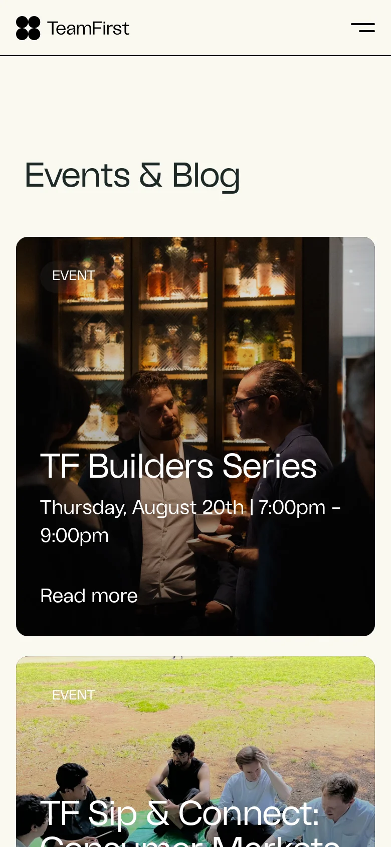 The mobile version maintains the minimalist aesthetic but stacks the content vertically. The 'Events & Blog' headline is prominent, followed by a single-column feed of large image cards that span the width of the screen, making each event or blog post easy to scroll through.