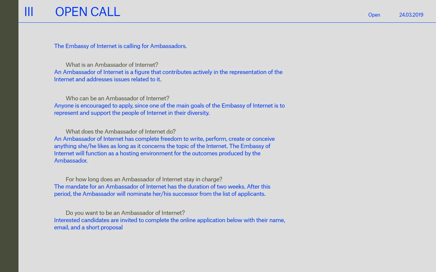 The desktop webpage features a light blue header with the text 'III OPEN CALL' and the date '24.03.2019' on the right. The main body has a pale lavender background with blue text organized into several question-and-answer sections regarding the Ambassador program. The layout is clean with wide margins and a dark green vertical bar on the far left.