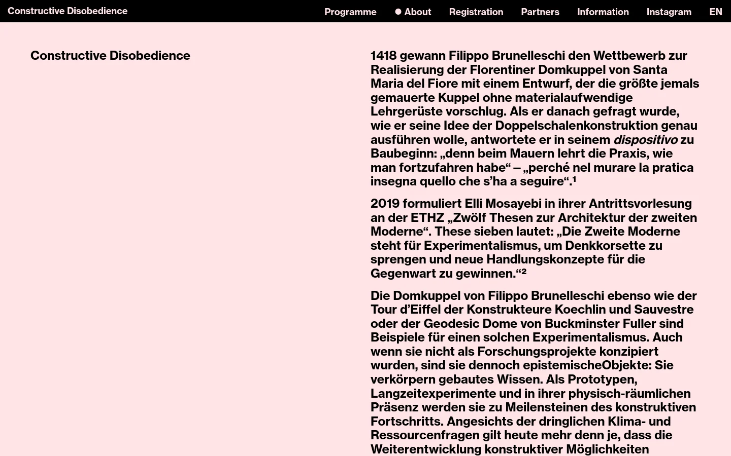 The desktop version features a minimalist layout with a white background and black text. The header contains the site title 'Constructive Disobedience' on the left and a navigation menu on the right with links for Programme, About, Registration, Partners, Information, and Instagram. The main content area is split into two columns, with the title on the left and several paragraphs of German text on the right.