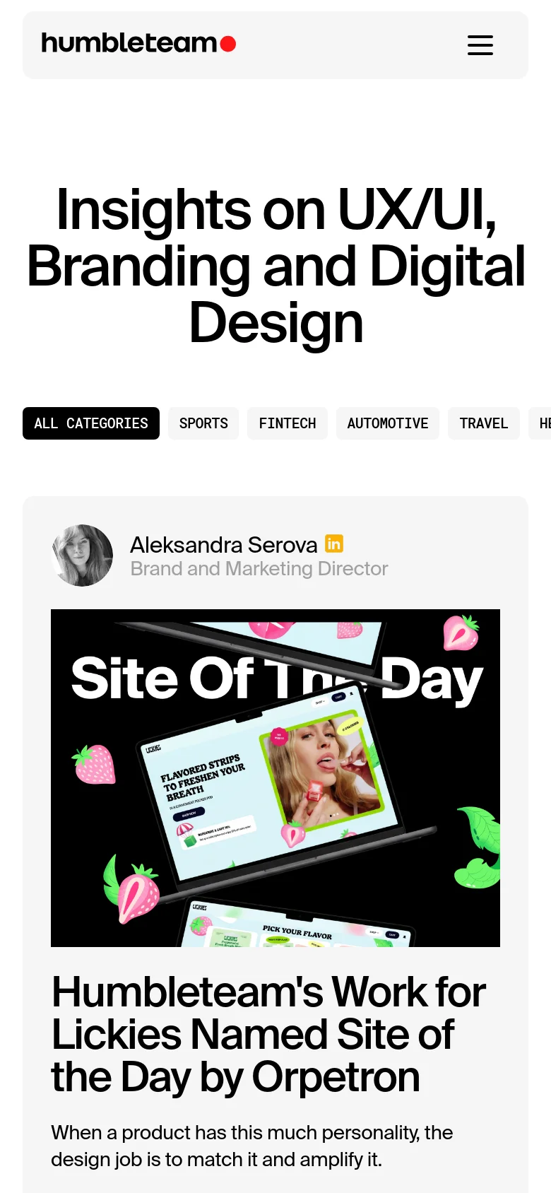 The mobile version presents a simplified vertical layout with the Humbleteam logo and a hamburger menu icon in the header. The main headline is large and centered, followed by a horizontally scrollable list of category filter buttons. Blog posts are displayed as large, single-column cards featuring a prominent image, author information, and a headline.