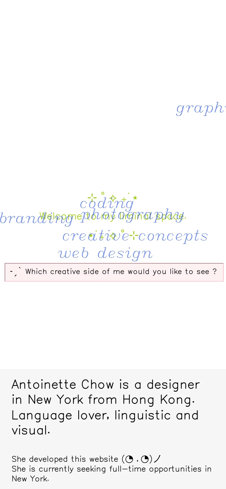 The mobile version maintains the minimalist aesthetic with a vertical stack of text-based navigation links. The layout is simplified to fit a narrow screen, focusing on the central question and the designer's bio at the bottom, with the decorative, scattered text elements condensed for readability.