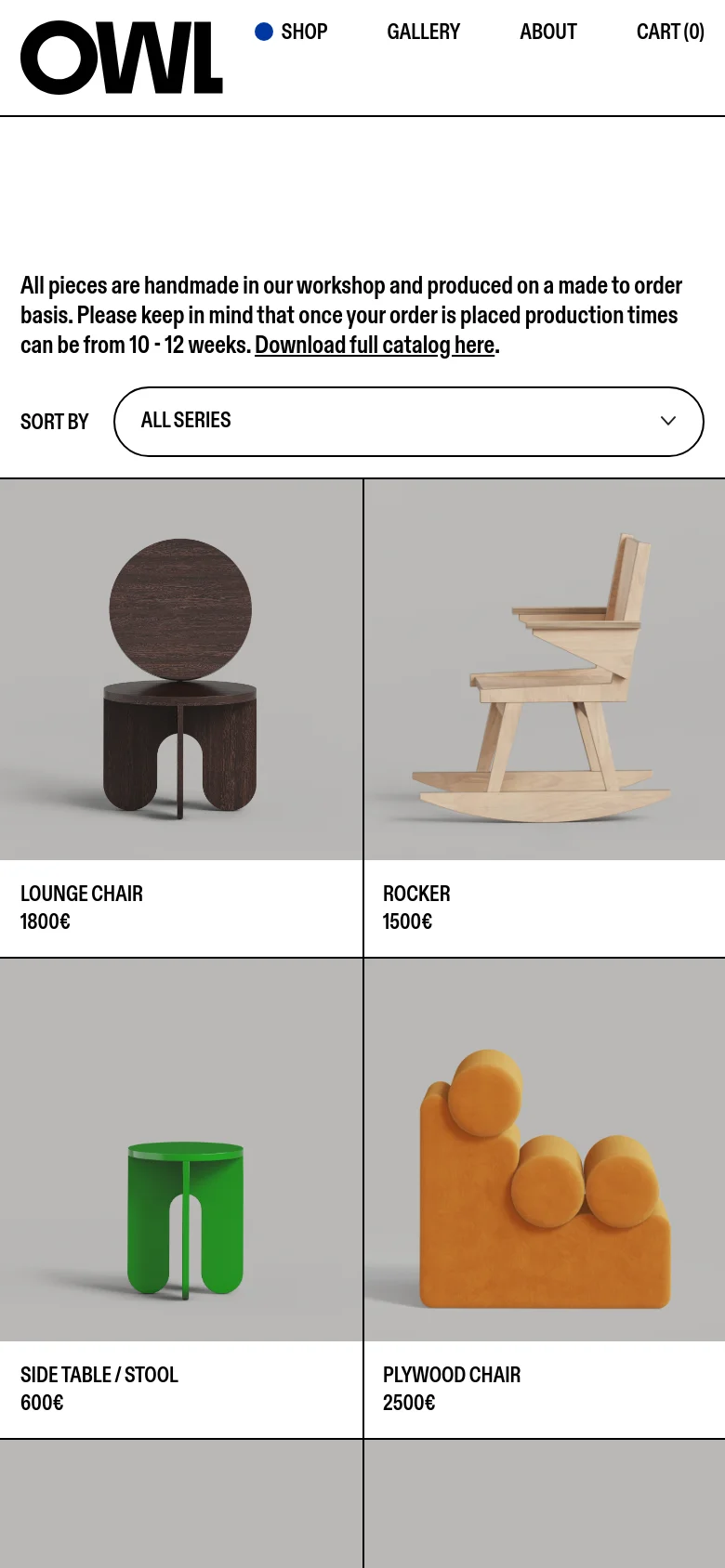 The mobile version maintains the minimalist aesthetic but uses a single-column vertical layout for the product grid. The navigation menu is condensed, and the product images, names, and prices are stacked vertically to fit the narrower screen width, ensuring readability of the text and clarity of the furniture designs.