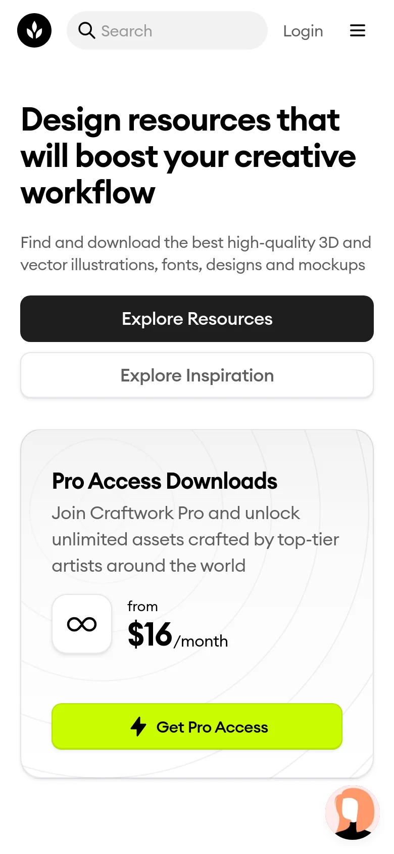 The mobile version presents a single-column vertical layout with the headline 'Design resources that will boost your creative workflow' prominently displayed at the top. Below the text, two large full-width buttons, 'Explore Resources' and 'Explore Inspiration', are followed by a subscription card for 'Pro Access Downloads' featuring a lime green 'Get Pro Access' button.