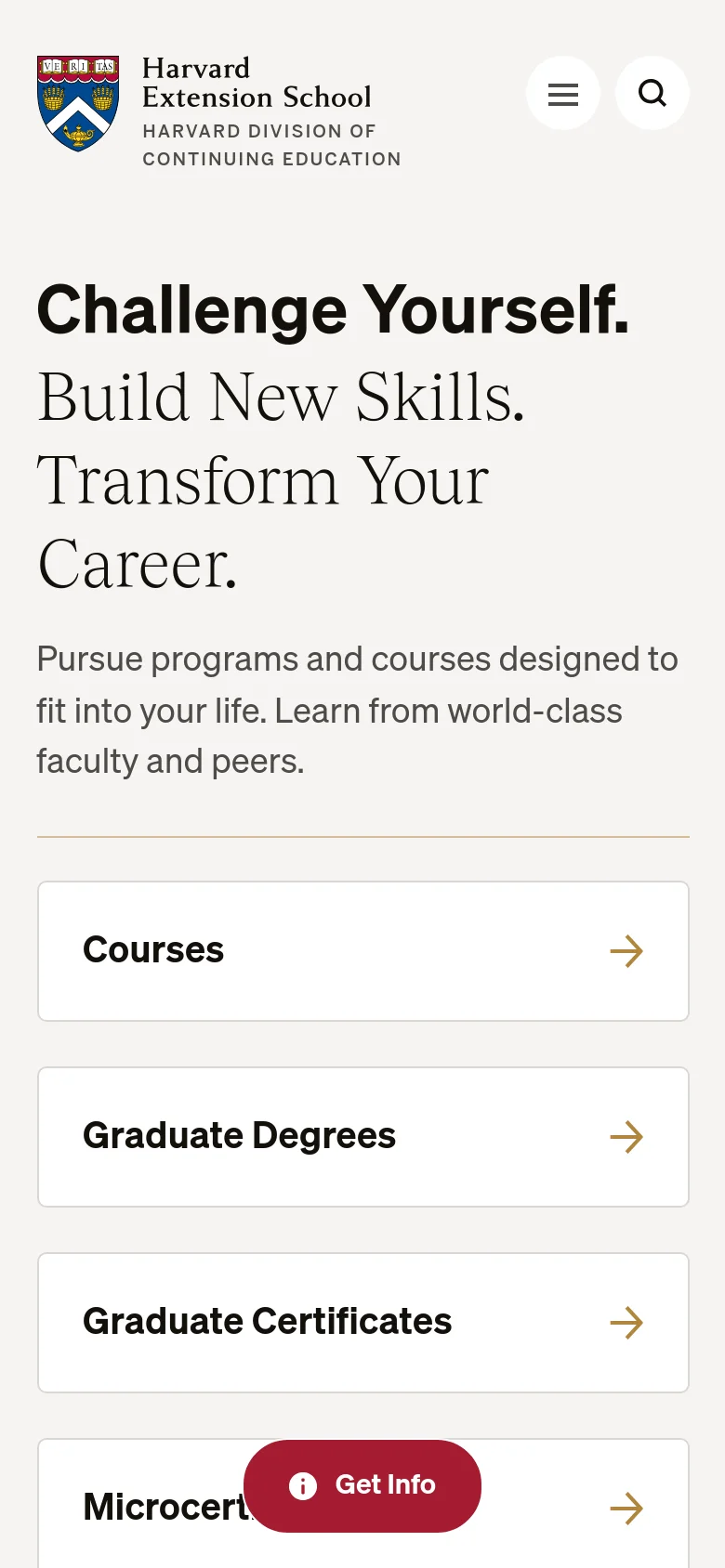 The mobile version presents a vertically stacked layout optimized for small screens. The hero section features the main headline and subtext at the top, followed by large, full-width white buttons for navigation categories like Courses and Graduate Degrees. A floating red 'Get Info' button remains visible at the bottom of the viewport, and the header uses a condensed hamburger menu and search icon.