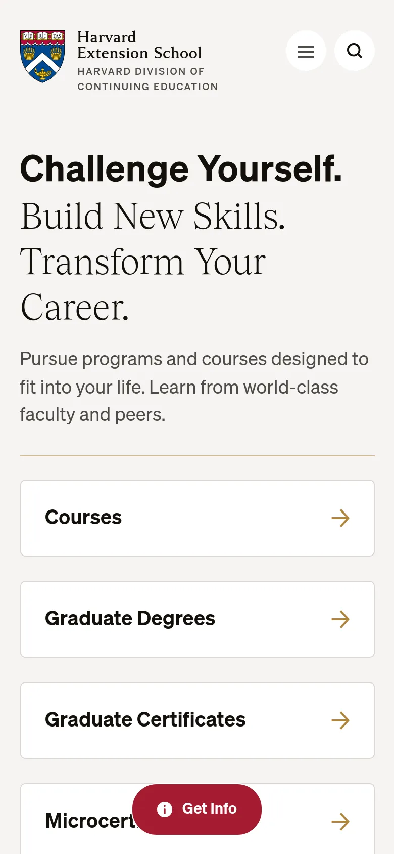 The mobile version presents a vertically stacked layout optimized for small screens. The hero section features the main headline and subtext at the top, followed by large, full-width white buttons for navigation categories like Courses and Graduate Degrees. A floating red 'Get Info' button remains visible at the bottom of the viewport, and the header uses a condensed hamburger menu and search icon.
