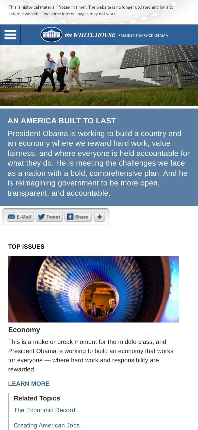 The mobile version uses a single-column vertical layout, starting with the solar farm hero image and a large blue section containing the main heading and mission statement. The 'Top Issues' section follows, stacking the images, descriptions, and related topic links vertically for easier scrolling on a narrow screen.