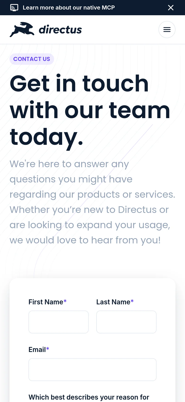 The mobile version presents a vertically stacked layout optimized for small screens. The headline and introductory text appear at the top, followed by the contact form fields which span the width of the screen. The navigation is condensed into a hamburger menu icon in the top right corner.