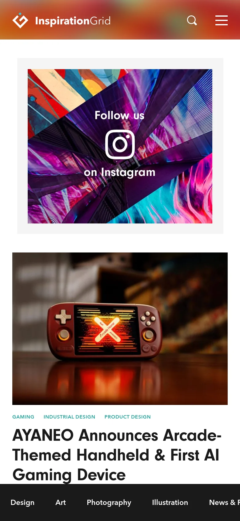 The mobile version features a condensed header with the logo, a search icon, and a hamburger menu icon. The Instagram follow banner is stacked vertically as a square-format card, and the main article headline and image are scaled to fit the narrower screen width. The bottom of the screen includes a dark navigation bar with quick links to main categories.